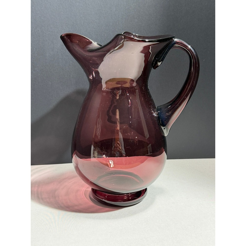 Amethyst Purple Hand Blown Glass Pitcher Tri-Corner Ruffled Rim Vintage Plum
